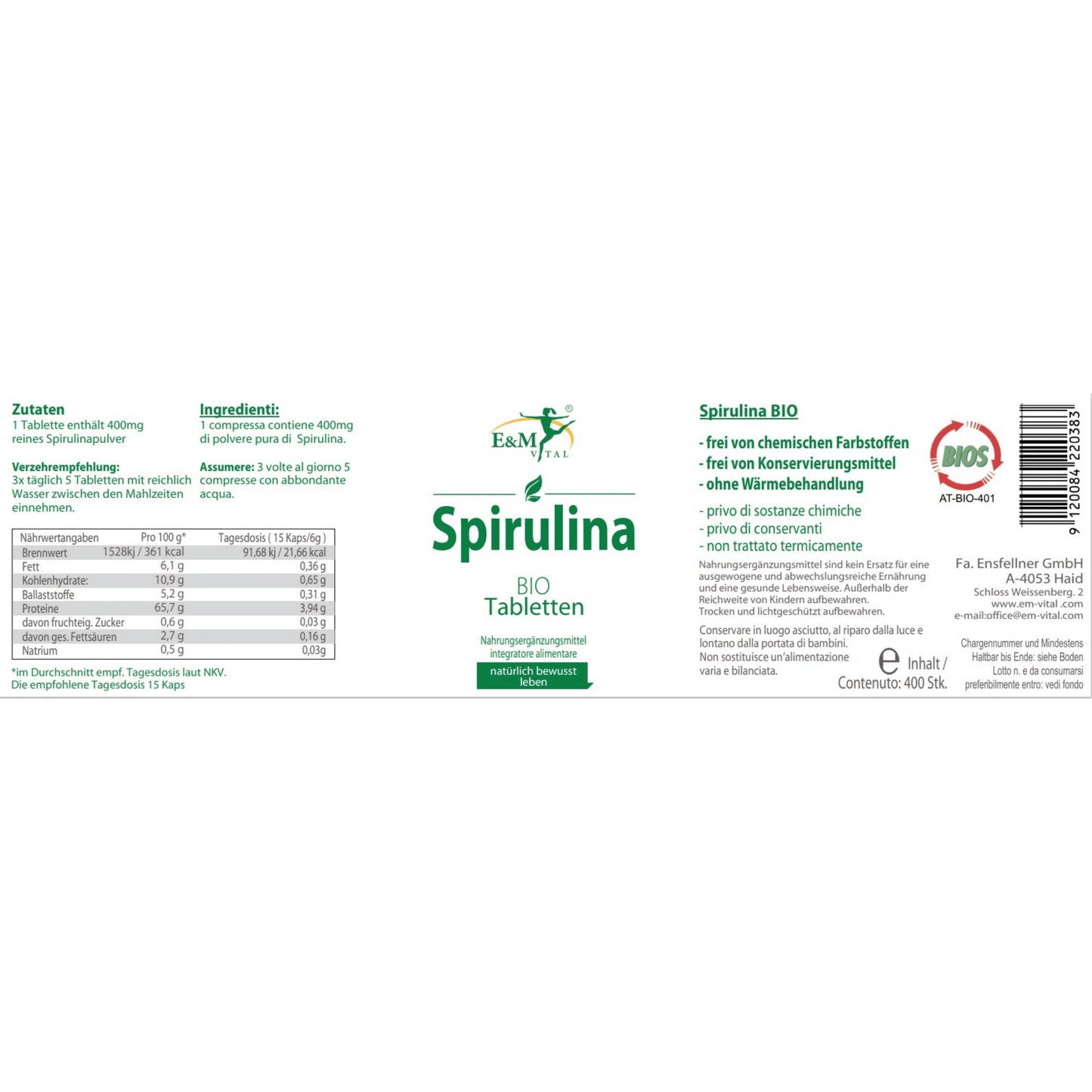 E&M BIO Spirulina Tabs – 400 Stück
